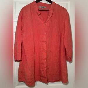 Flax Linen Tunic Top Large Orange 3/4 Sleeve Button Down Long Blouse.